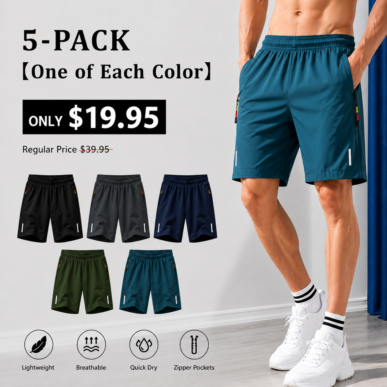 Men’s summer shorts set, casual athletic, quick-dry breathable shorts for running and fitness, with drawstring and zippered pockets