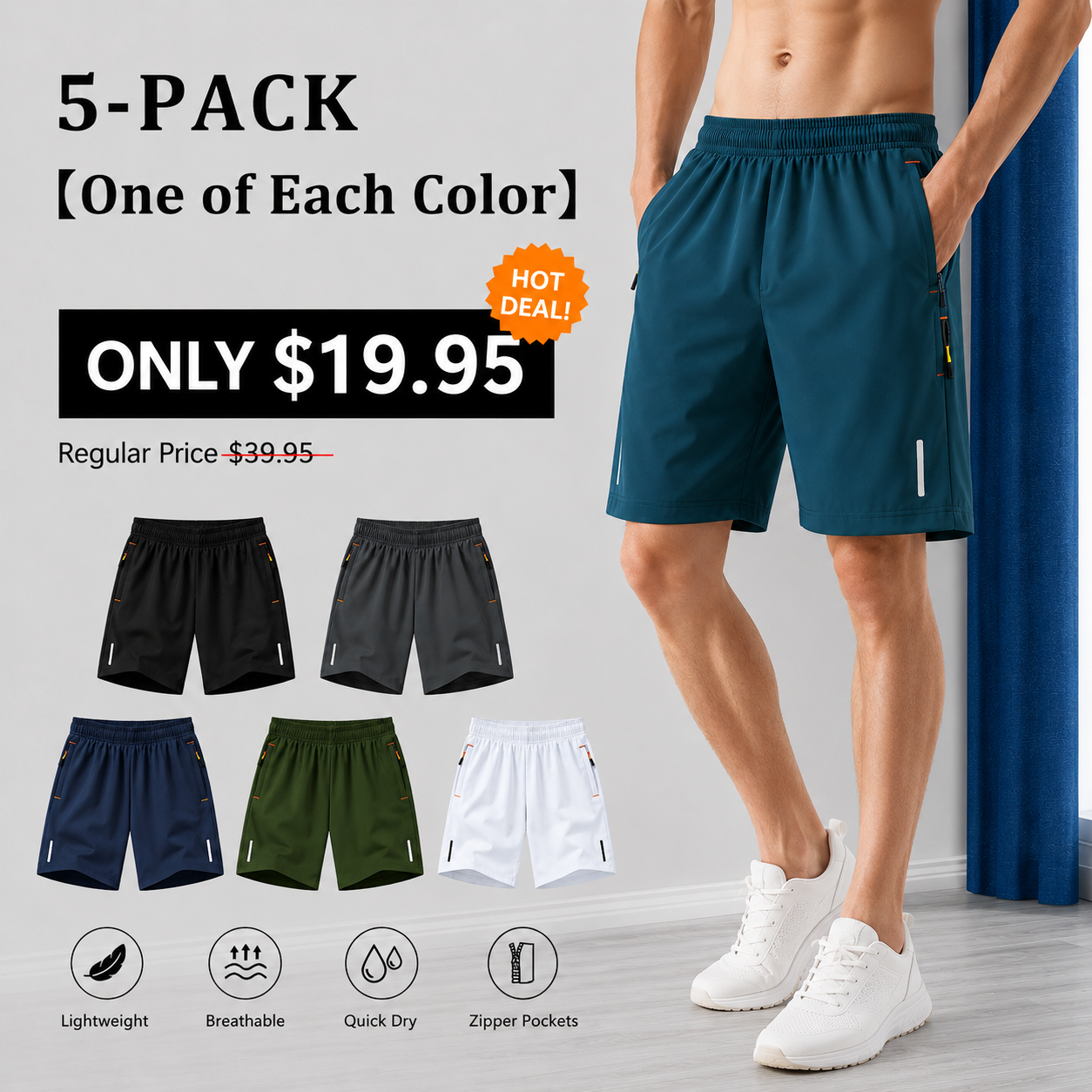 Men’s summer shorts set, casual athletic, quick-dry breathable shorts for running and fitness, with drawstring and zippered pockets