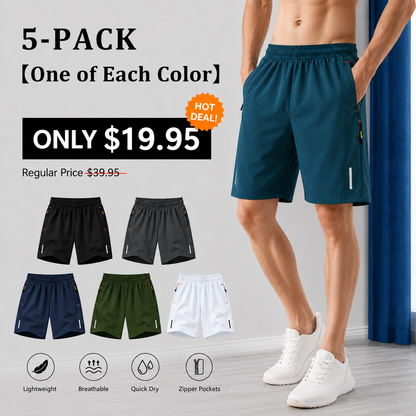 Men’s summer shorts set, casual athletic, quick-dry breathable shorts for running and fitness, with drawstring and zippered pockets