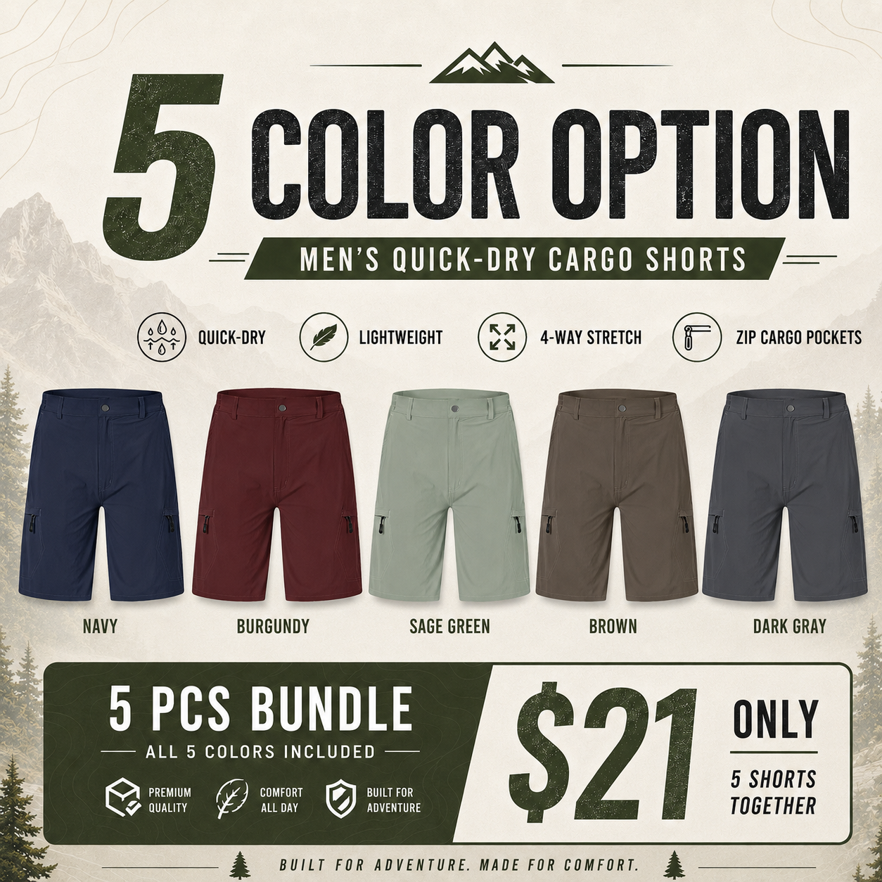 Men's Lightweight Cargo Shorts with 5 Zipper Pockets