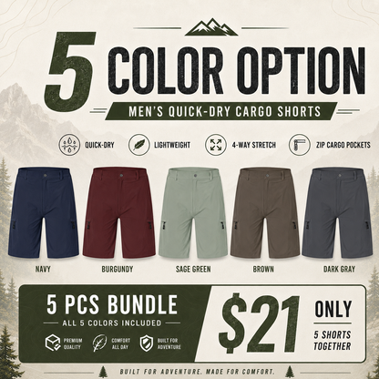 Men's Lightweight Cargo Shorts with 5 Zipper Pockets