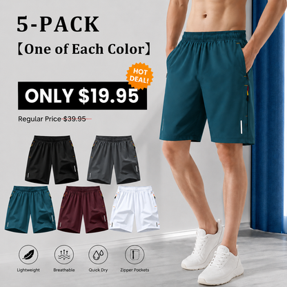 Men’s summer shorts set, casual athletic, quick-dry breathable shorts for running and fitness, with drawstring and zippered pockets