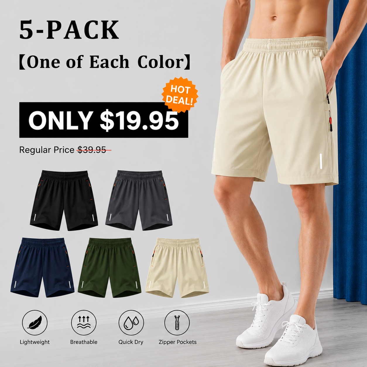 Men’s summer shorts set, casual athletic, quick-dry breathable shorts for running and fitness, with drawstring and zippered pockets