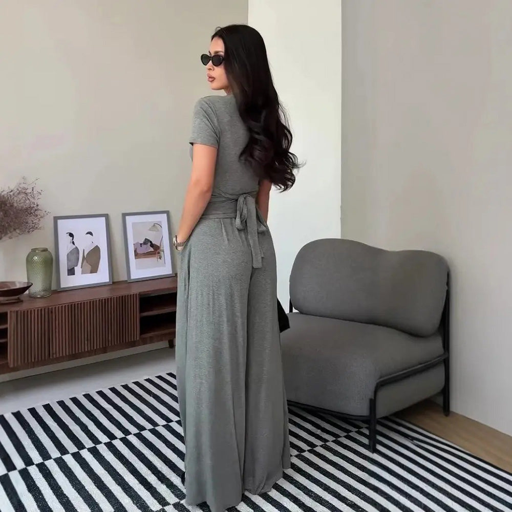 V Neck Wrap Top & High Waist Wide Leg Pants Set