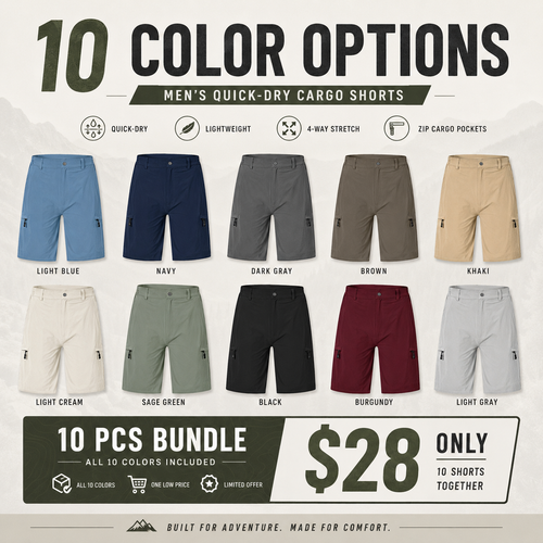 Men's Lightweight Cargo Shorts with 5 Zipper Pockets