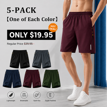 Men’s summer shorts set, casual athletic, quick-dry breathable shorts for running and fitness, with drawstring and zippered pockets
